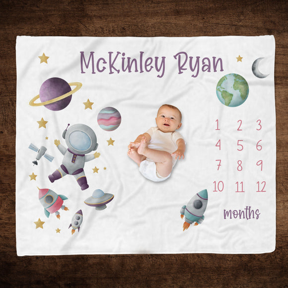 BABY GIRL ASTRONAUT Milestone Blanket, Pink Purple Space Baby Milestone Blanket, Girl Month Blanket, Girl Baby Growth Blanket Outer Space