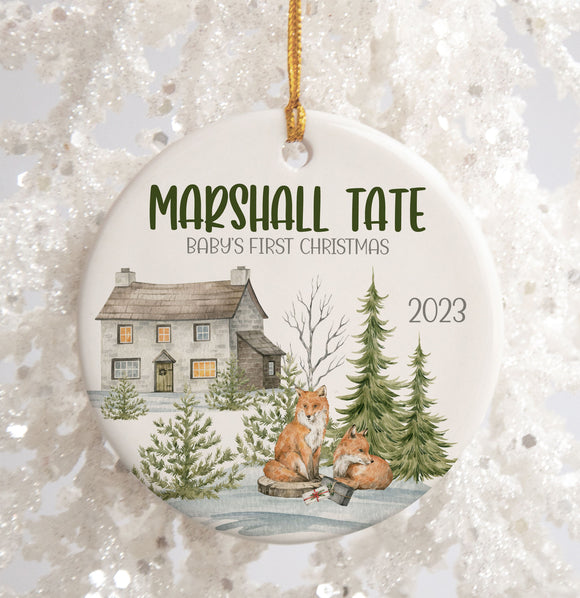 WOODLAND FOX CHRISTMAS Ornament, Custom Name Year Fox Ornament, Winter Woodland Scene Foxes, Kids Custom Ornament, Baby's First Christmas