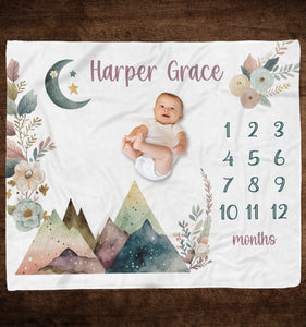 BOHO MOUNTAIN PERSONALIZED Baby Girl Milestone Blanket, Floral Mountains Blanket, Baby Growth Blanket Mountains Moon Stars, Baby Shower Gift