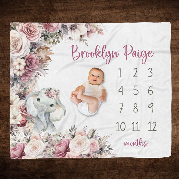 PINK ROSE ELEPHANT Baby Girl Milestone Blanket, Floral Elephant Milestone, First Year Baby Month Blanket, Baby Name Girl Growth Blanket,