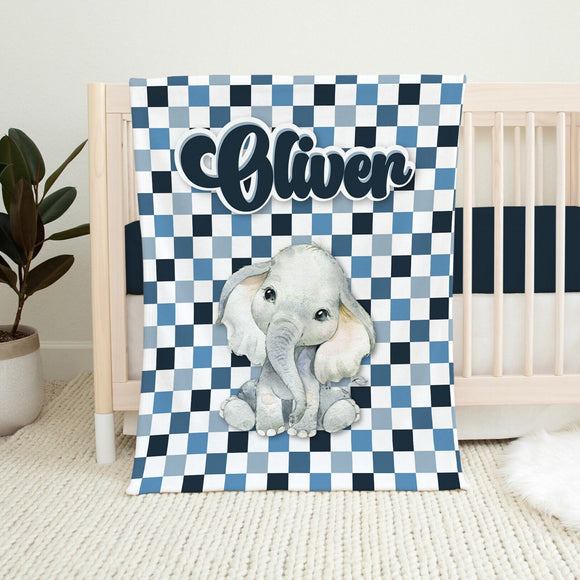 BABY BOY ELEPHANT Blanket, Personalized Kids Blanket Checkered, Blue Check Baby Blanket, Kids Name Blanket, Baby Gift, Boy Blanket Checkered