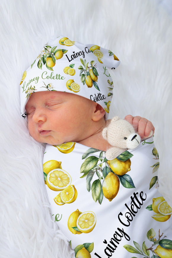 Baby Girl Lemon Swaddle Blanket, Baby Name Blanket, Newborn Girl Gift, Fruit Baby Blanket Infant Girl Headband, Personalized Swaddle Set