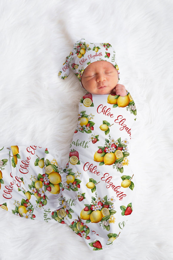 Baby Girl Swaddle Blanket Strawberry Lemon Design, Fruit Print Swaddle Set, Coming Home Outfit, Newborn Gift, Infant Girl Headband Baby Hat