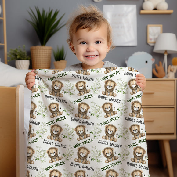 BABY BOY PERSONALIZED Lion Blanket, Lion Cub Baby Blanket, Baby Boy Name Blanket Safari Animal Theme, Newborn Boy Gift, Safari Nursery Lion