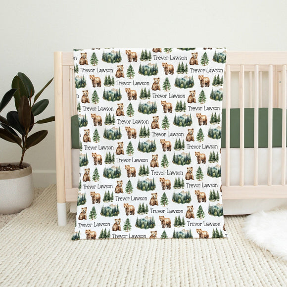 Personalized Bear Baby Blanket Forest Nursery Decor Woodland Baby Shower Gift Custom Forest Baby Name Blanket Forest Woodland Theme Baby