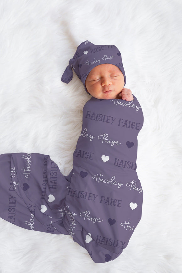 Heart Swaddle Blanket Set for Baby Girl, Purple Infant Swaddle, Custom Name Blanket, Personalized Baby Gift, Infant Headband Baby Beanie