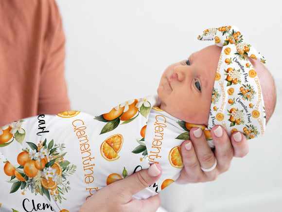 PERSONALIZED BABY NAME Swaddle with Oranges, Fruit Print Swaddle, Baby Girl Gift, Baby Beanie Headband, Custom Swaddle Set, Baby Blanket