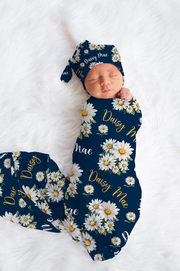 DAISY DESIGN BABY Girl Swaddle Blanket, Navy Blue Floral Swaddle, Personalized Headband hat, Newborn Girl Gift, White Daisies Infant Blanket