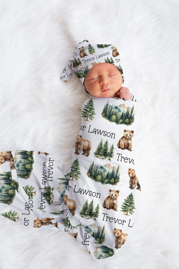 WOODLAND BEAR BABY Boy Swaddle Blanket, Bear Forest Theme Baby Blanket, Boy Swaddle Set, Hospital Baby Gift, Custom Name Boy Bear Blanket