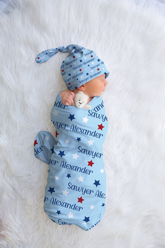 Personalized RED WHITE BLUE Stars Swaddle Hat Set, Newborn Baby Swaddle Blanket, Knotted Baby Hat, Baby Name Stars Blanket, Summer Baby Gift
