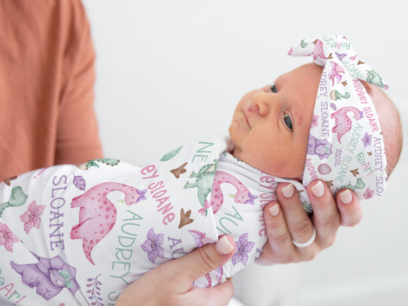 BABY GIRL DINOSAUR Swaddle Blanket, Girl Dinosaur Blanket Baby Headband Beanie, Personalized Baby Name Blanket, Girl Dino Design Baby Gift