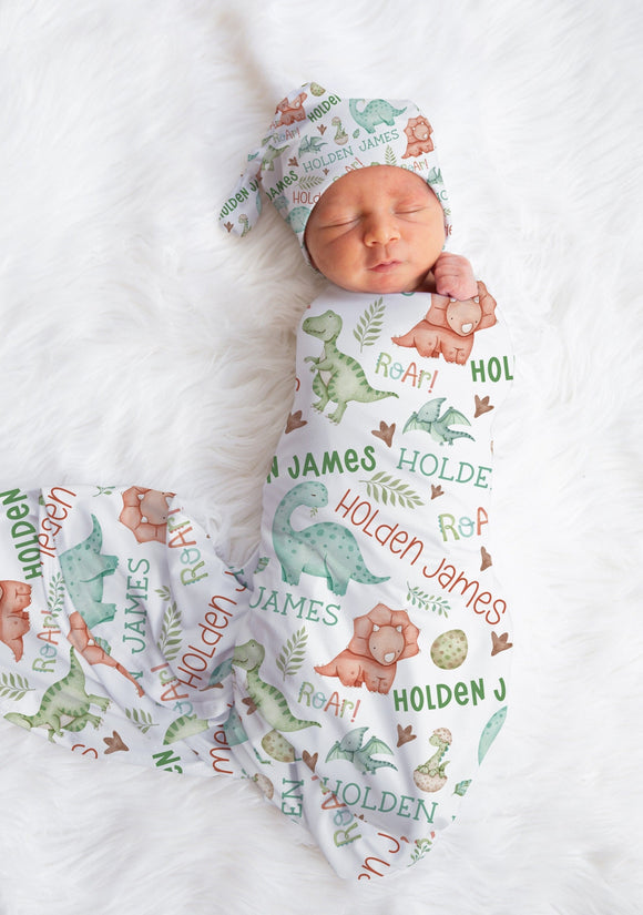DINOSAUR SWADDLE BLANKET Set for Baby Boy, Personalized Name Swaddle, Baby Shower Gift, Dinosaur Baby Gift, Baby Boy Custom Blanket & Hat